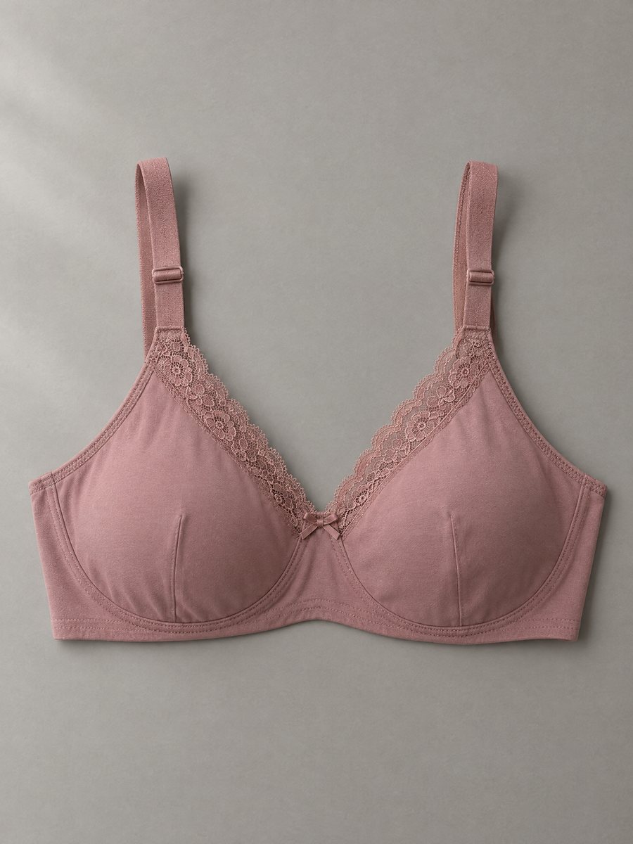 Wireless soft-cup bra in dusty rose with lace trim, Rose Intimates Ltd.