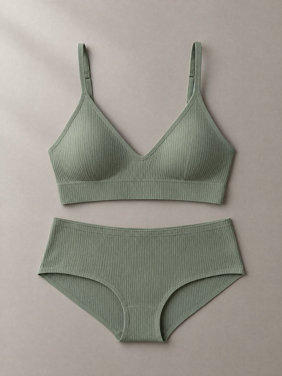 Seamless bralette and hipster brief set in sage rib, Rose Intimates Ltd.