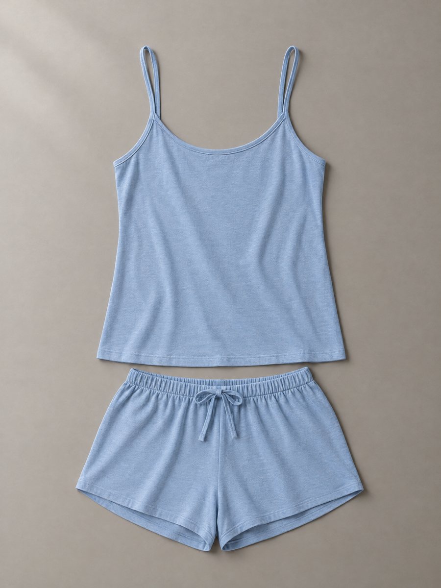 Knit camisole and shorts sleepwear set in soft blue, Rose Intimates Ltd.