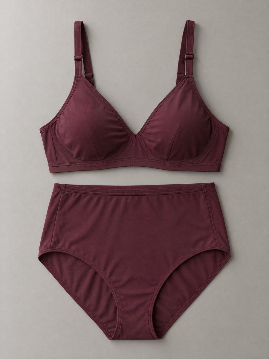 High-waist bra and brief set in burgundy microfibre, Rose Intimates Ltd.